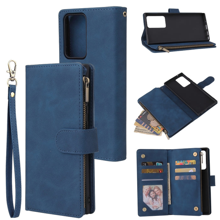 Funda de cuero con tapa horizontal esmerilada retro multifuncional con ranura para tarjeta y soporte y billetera con cremallera y marco de fotos y cordón