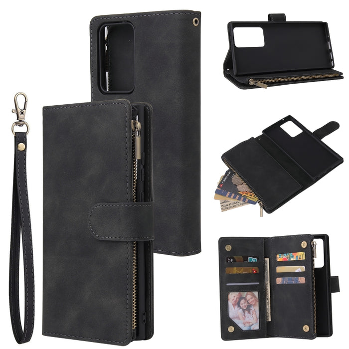 Funda de cuero con tapa horizontal esmerilada retro multifuncional con ranura para tarjeta y soporte y billetera con cremallera y marco de fotos y cordón