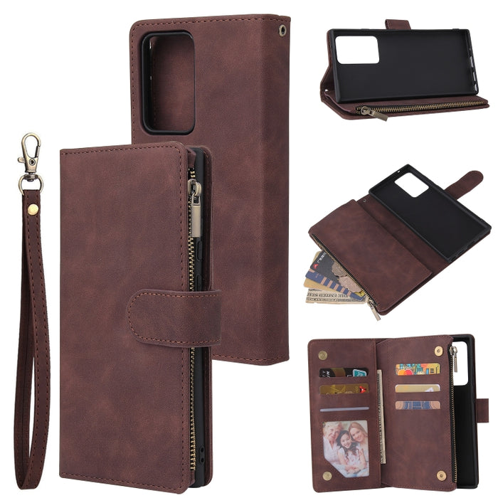 Funda de cuero con tapa horizontal esmerilada retro multifuncional con ranura para tarjeta y soporte y billetera con cremallera y marco de fotos y cordón