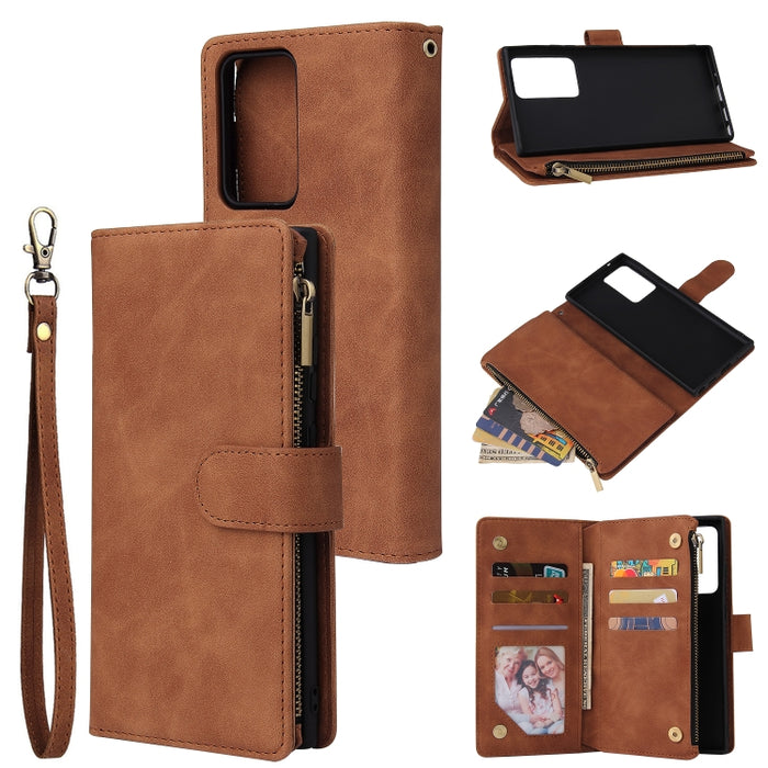 Funda de cuero con tapa horizontal esmerilada retro multifuncional con ranura para tarjeta y soporte y billetera con cremallera y marco de fotos y cordón