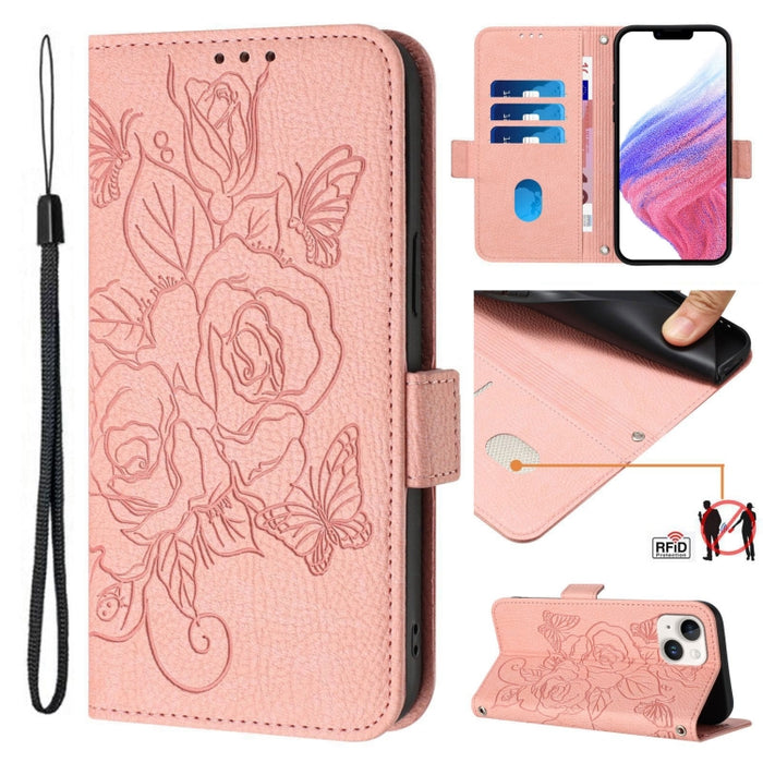 Caja de teléfono de cuero antirrobo RFID rosa en relieve, For iPhone 14 Pro Max, For iPhone SE 2022 / SE 2020 / 8 / 7, For iPhone 13 Pro Max, For iPhone 13 Pro, For iPhone 13 mini, For iPhone 12  / 12 Pro, For iPhone 12 Pro Max, For iPhone 12 mini     ...
