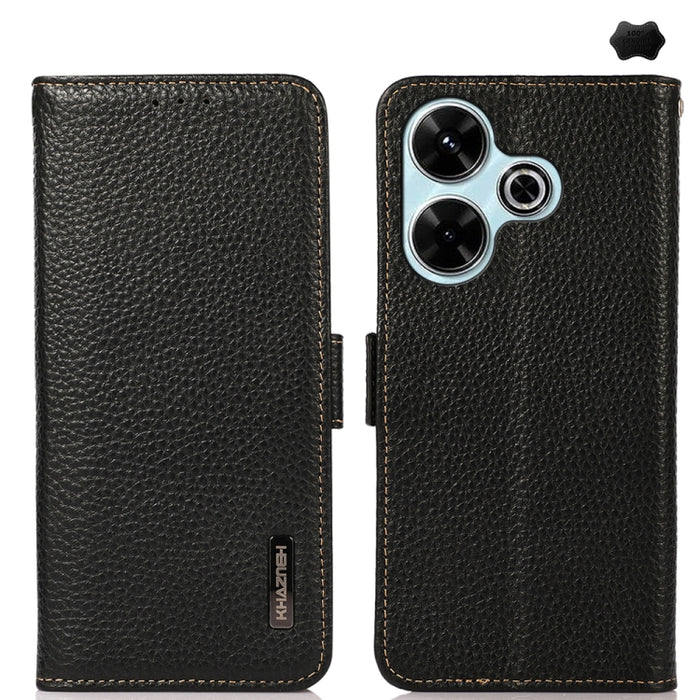 KHAZNEH Funda para teléfono RFID de cuero genuino Litchi magnético lateral, For Redmi A7 Pro 171mm / Poco C85x 5G, For Redmi Turbo 5 Max 5G / Poco X8 Pro Max 5G, For Redmi Turbo 5 5G / Poco X8 Pro 5G, For Redmi Note 15 Pro+ 5G Global 163.3mm           ...