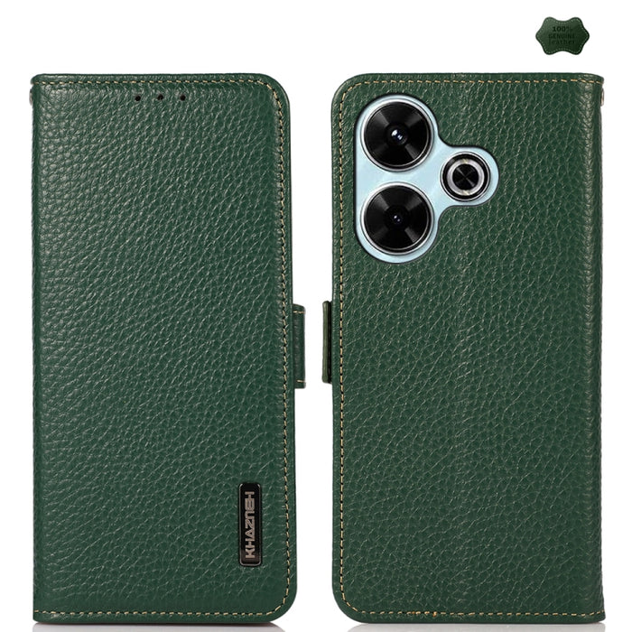 KHAZNEH Funda para teléfono RFID de cuero genuino Litchi magnético lateral, For Redmi A7 Pro 171mm / Poco C85x 5G, For Redmi Turbo 5 Max 5G / Poco X8 Pro Max 5G, For Redmi Turbo 5 5G / Poco X8 Pro 5G, For Redmi Note 15 Pro+ 5G Global 163.3mm           ...