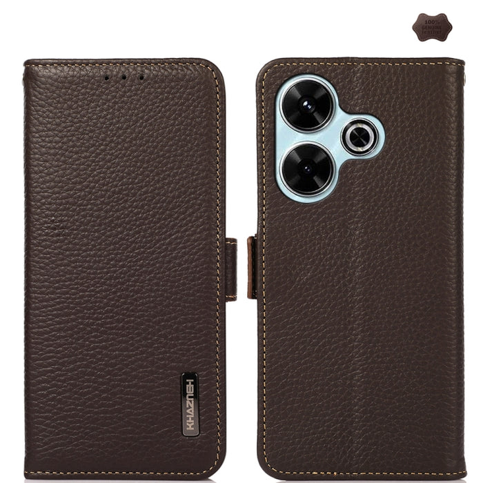 KHAZNEH Funda para teléfono RFID de cuero genuino Litchi magnético lateral, For Redmi A7 Pro 171mm / Poco C85x 5G, For Redmi Turbo 5 Max 5G / Poco X8 Pro Max 5G, For Redmi Turbo 5 5G / Poco X8 Pro 5G, For Redmi Note 15 Pro+ 5G Global 163.3mm           ...
