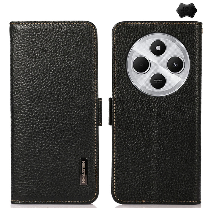KHAZNEH Funda para teléfono RFID de cuero genuino Litchi magnético lateral, For Redmi A7 Pro 171mm / Poco C85x 5G, For Redmi Turbo 5 Max 5G / Poco X8 Pro Max 5G, For Redmi Turbo 5 5G / Poco X8 Pro 5G, For Redmi Note 15 Pro+ 5G Global 163.3mm           ...