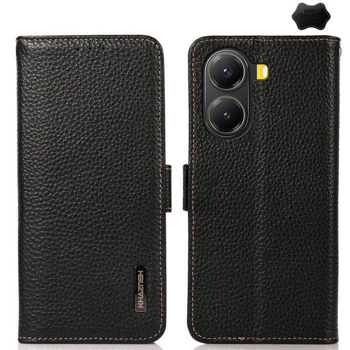 KHAZNEH Funda para teléfono RFID de cuero genuino Litchi magnético lateral, For Redmi A7 Pro 171mm / Poco C85x 5G, For Redmi Turbo 5 Max 5G / Poco X8 Pro Max 5G, For Redmi Turbo 5 5G / Poco X8 Pro 5G, For Redmi Note 15 Pro+ 5G Global 163.3mm           ...