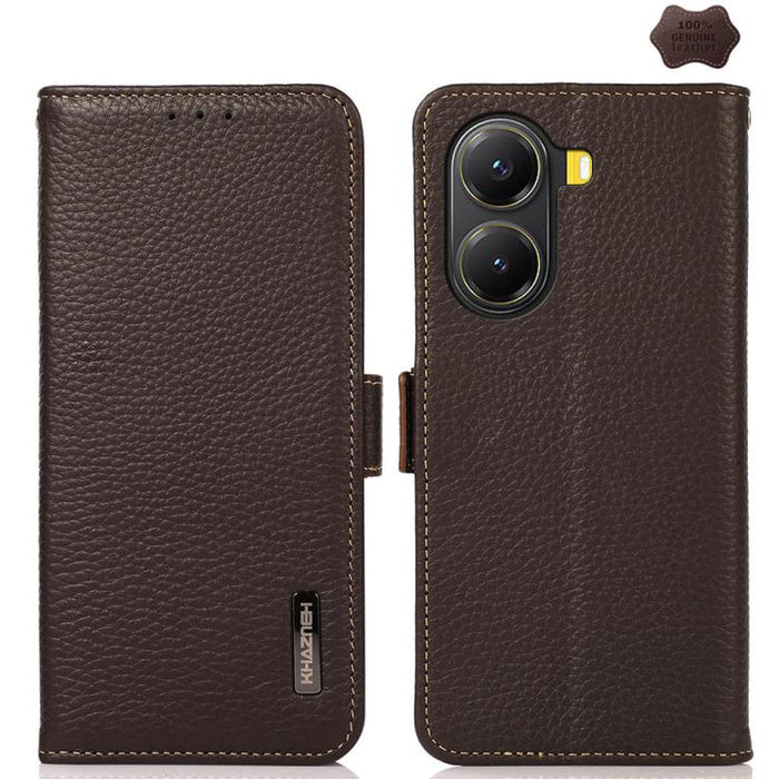 KHAZNEH Funda para teléfono RFID de cuero genuino Litchi magnético lateral, For Redmi A7 Pro 171mm / Poco C85x 5G, For Redmi Turbo 5 Max 5G / Poco X8 Pro Max 5G, For Redmi Turbo 5 5G / Poco X8 Pro 5G, For Redmi Note 15 Pro+ 5G Global 163.3mm           ...