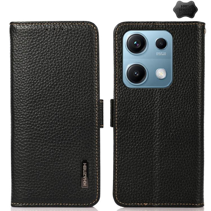 KHAZNEH Funda para teléfono RFID de cuero genuino Litchi magnético lateral, For Redmi A7 Pro 171mm / Poco C85x 5G, For Redmi Turbo 5 Max 5G / Poco X8 Pro Max 5G, For Redmi Turbo 5 5G / Poco X8 Pro 5G, For Redmi Note 15 Pro+ 5G Global 163.3mm           ...