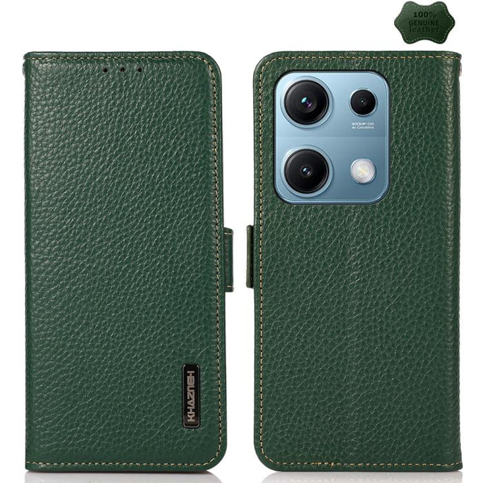 KHAZNEH Funda para teléfono RFID de cuero genuino Litchi magnético lateral, For Redmi A7 Pro 171mm / Poco C85x 5G, For Redmi Turbo 5 Max 5G / Poco X8 Pro Max 5G, For Redmi Turbo 5 5G / Poco X8 Pro 5G, For Redmi Note 15 Pro+ 5G Global 163.3mm           ...
