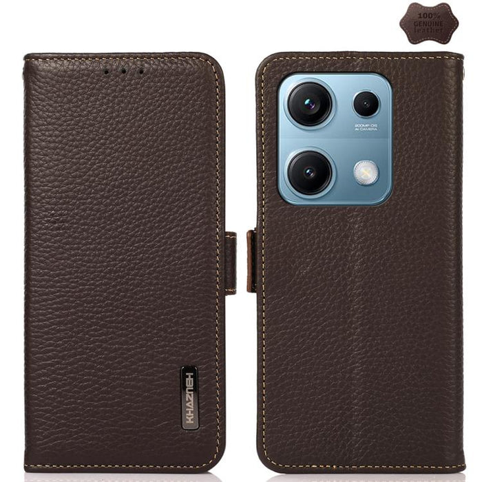 KHAZNEH Funda para teléfono RFID de cuero genuino Litchi magnético lateral, For Redmi A7 Pro 171mm / Poco C85x 5G, For Redmi Turbo 5 Max 5G / Poco X8 Pro Max 5G, For Redmi Turbo 5 5G / Poco X8 Pro 5G, For Redmi Note 15 Pro+ 5G Global 163.3mm           ...
