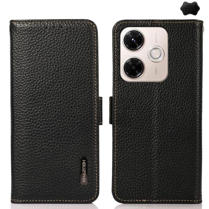 KHAZNEH Funda para teléfono RFID de cuero genuino Litchi magnético lateral, For Redmi A7 Pro 171mm / Poco C85x 5G, For Redmi Turbo 5 Max 5G / Poco X8 Pro Max 5G, For Redmi Turbo 5 5G / Poco X8 Pro 5G, For Redmi Note 15 Pro+ 5G Global 163.3mm           ...