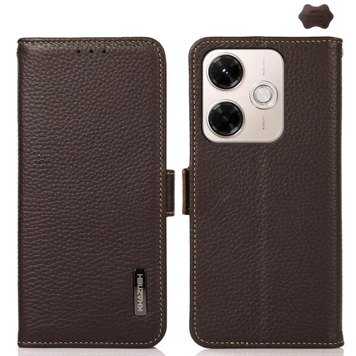 KHAZNEH Funda para teléfono RFID de cuero genuino Litchi magnético lateral, For Redmi A7 Pro 171mm / Poco C85x 5G, For Redmi Turbo 5 Max 5G / Poco X8 Pro Max 5G, For Redmi Turbo 5 5G / Poco X8 Pro 5G, For Redmi Note 15 Pro+ 5G Global 163.3mm           ...