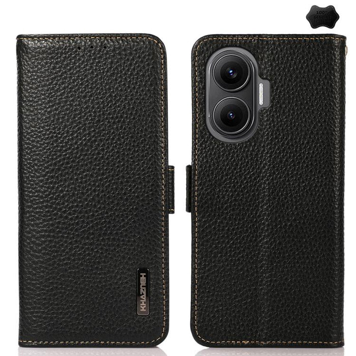 KHAZNEH Funda para teléfono RFID de cuero genuino Litchi magnético lateral, For Redmi A7 Pro 171mm / Poco C85x 5G, For Redmi Turbo 5 Max 5G / Poco X8 Pro Max 5G, For Redmi Turbo 5 5G / Poco X8 Pro 5G, For Redmi Note 15 Pro+ 5G Global 163.3mm           ...