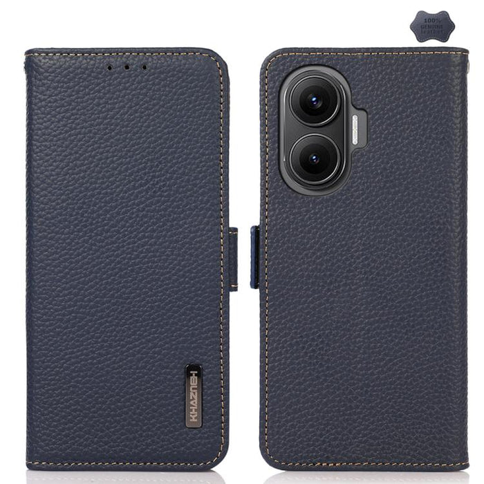 KHAZNEH Funda para teléfono RFID de cuero genuino Litchi magnético lateral, For Redmi A7 Pro 171mm / Poco C85x 5G, For Redmi Turbo 5 Max 5G / Poco X8 Pro Max 5G, For Redmi Turbo 5 5G / Poco X8 Pro 5G, For Redmi Note 15 Pro+ 5G Global 163.3mm           ...