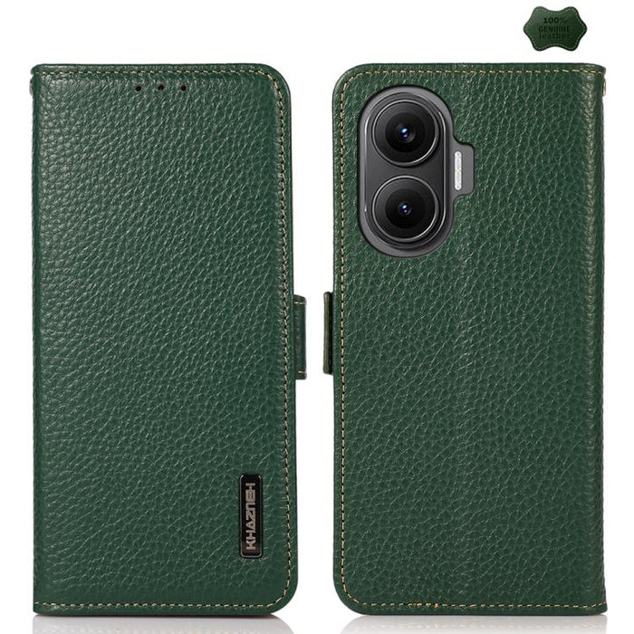 KHAZNEH Funda para teléfono RFID de cuero genuino Litchi magnético lateral, For Redmi A7 Pro 171mm / Poco C85x 5G, For Redmi Turbo 5 Max 5G / Poco X8 Pro Max 5G, For Redmi Turbo 5 5G / Poco X8 Pro 5G, For Redmi Note 15 Pro+ 5G Global 163.3mm           ...