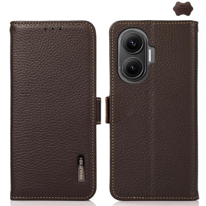 KHAZNEH Funda para teléfono RFID de cuero genuino Litchi magnético lateral, For Redmi A7 Pro 171mm / Poco C85x 5G, For Redmi Turbo 5 Max 5G / Poco X8 Pro Max 5G, For Redmi Turbo 5 5G / Poco X8 Pro 5G, For Redmi Note 15 Pro+ 5G Global 163.3mm           ...