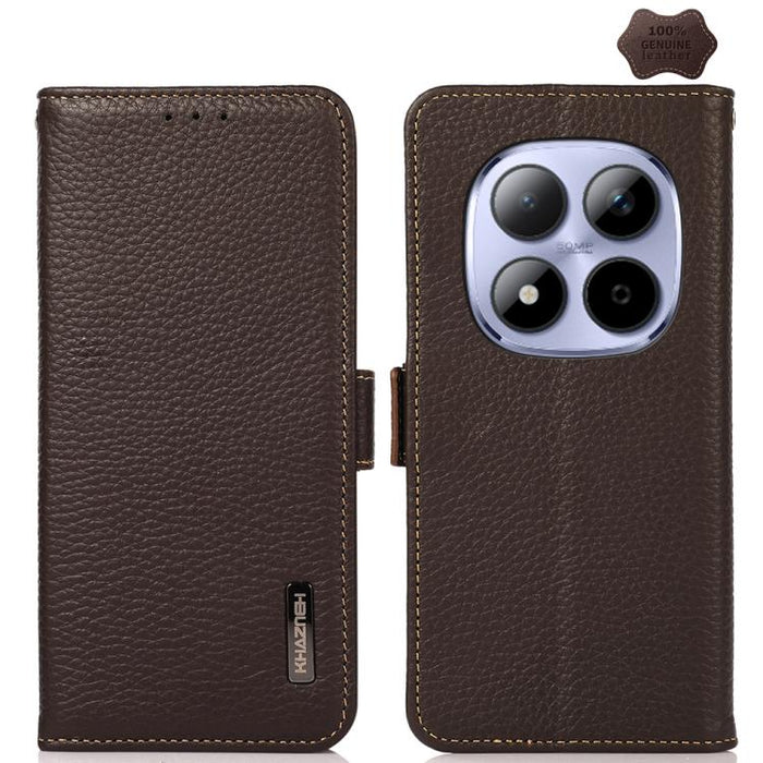 KHAZNEH Funda para teléfono RFID de cuero genuino Litchi magnético lateral, For Redmi A7 Pro 171mm / Poco C85x 5G, For Redmi Turbo 5 Max 5G / Poco X8 Pro Max 5G, For Redmi Turbo 5 5G / Poco X8 Pro 5G, For Redmi Note 15 Pro+ 5G Global 163.3mm           ...