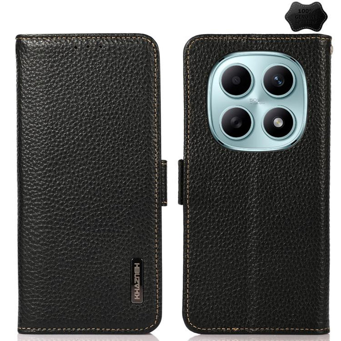 KHAZNEH Funda para teléfono RFID de cuero genuino Litchi magnético lateral, For Redmi A7 Pro 171mm / Poco C85x 5G, For Redmi Turbo 5 Max 5G / Poco X8 Pro Max 5G, For Redmi Turbo 5 5G / Poco X8 Pro 5G, For Redmi Note 15 Pro+ 5G Global 163.3mm           ...