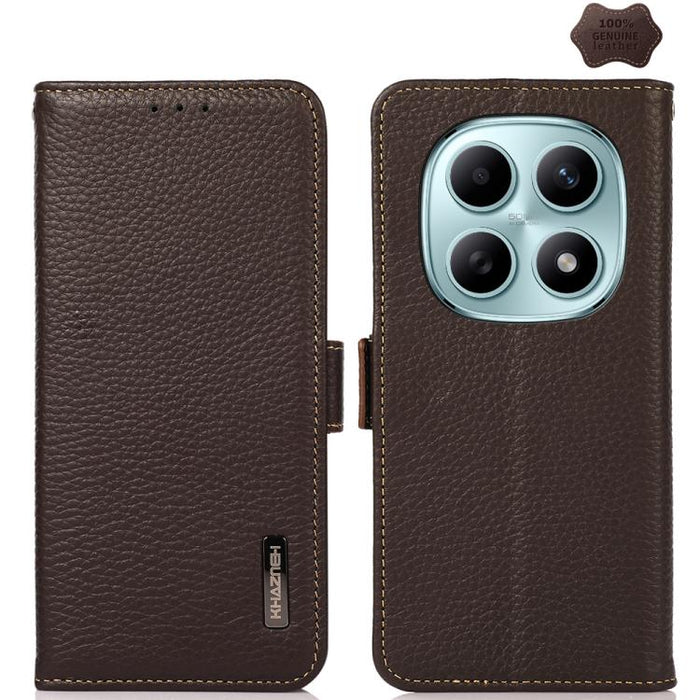 KHAZNEH Funda para teléfono RFID de cuero genuino Litchi magnético lateral, For Redmi A7 Pro 171mm / Poco C85x 5G, For Redmi Turbo 5 Max 5G / Poco X8 Pro Max 5G, For Redmi Turbo 5 5G / Poco X8 Pro 5G, For Redmi Note 15 Pro+ 5G Global 163.3mm           ...