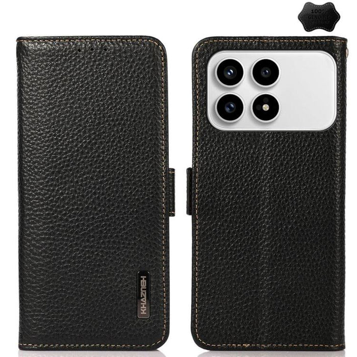 KHAZNEH Funda para teléfono RFID de cuero genuino Litchi magnético lateral, For Redmi A7 Pro 171mm / Poco C85x 5G, For Redmi Turbo 5 Max 5G / Poco X8 Pro Max 5G, For Redmi Turbo 5 5G / Poco X8 Pro 5G, For Redmi Note 15 Pro+ 5G Global 163.3mm           ...