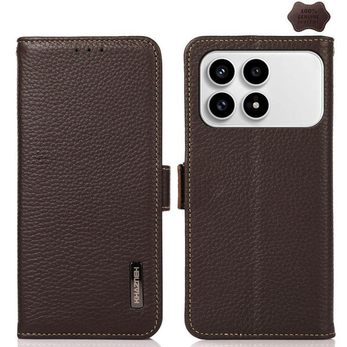KHAZNEH Funda para teléfono RFID de cuero genuino Litchi magnético lateral, For Redmi A7 Pro 171mm / Poco C85x 5G, For Redmi Turbo 5 Max 5G / Poco X8 Pro Max 5G, For Redmi Turbo 5 5G / Poco X8 Pro 5G, For Redmi Note 15 Pro+ 5G Global 163.3mm           ...