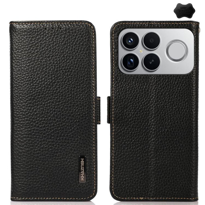 KHAZNEH Funda para teléfono RFID de cuero genuino Litchi magnético lateral, For Redmi A7 Pro 171mm / Poco C85x 5G, For Redmi Turbo 5 Max 5G / Poco X8 Pro Max 5G, For Redmi Turbo 5 5G / Poco X8 Pro 5G, For Redmi Note 15 Pro+ 5G Global 163.3mm           ...