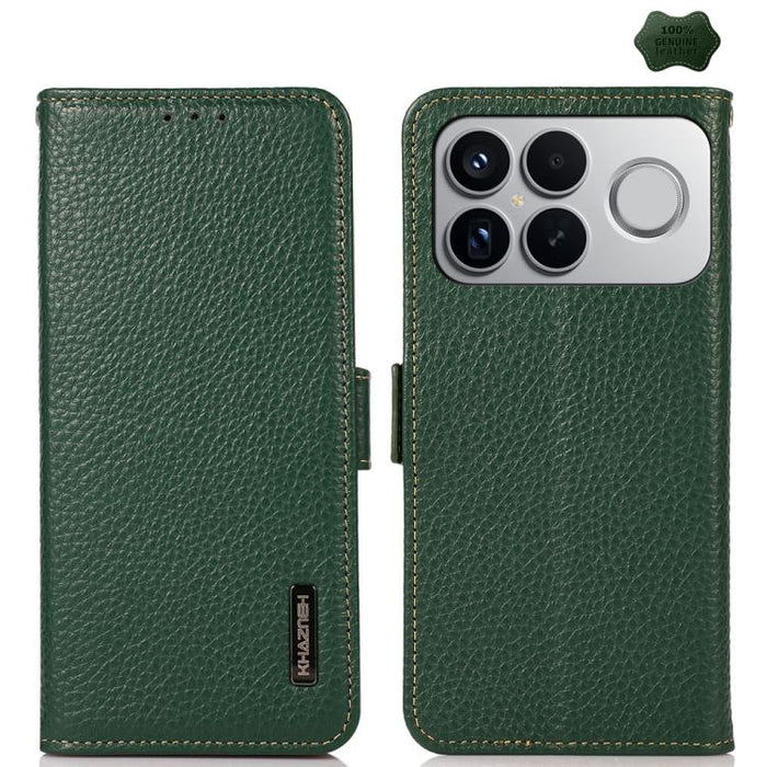 KHAZNEH Funda para teléfono RFID de cuero genuino Litchi magnético lateral, For Redmi A7 Pro 171mm / Poco C85x 5G, For Redmi Turbo 5 Max 5G / Poco X8 Pro Max 5G, For Redmi Turbo 5 5G / Poco X8 Pro 5G, For Redmi Note 15 Pro+ 5G Global 163.3mm           ...