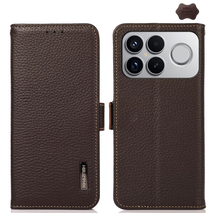 KHAZNEH Funda para teléfono RFID de cuero genuino Litchi magnético lateral, For Redmi A7 Pro 171mm / Poco C85x 5G, For Redmi Turbo 5 Max 5G / Poco X8 Pro Max 5G, For Redmi Turbo 5 5G / Poco X8 Pro 5G, For Redmi Note 15 Pro+ 5G Global 163.3mm           ...