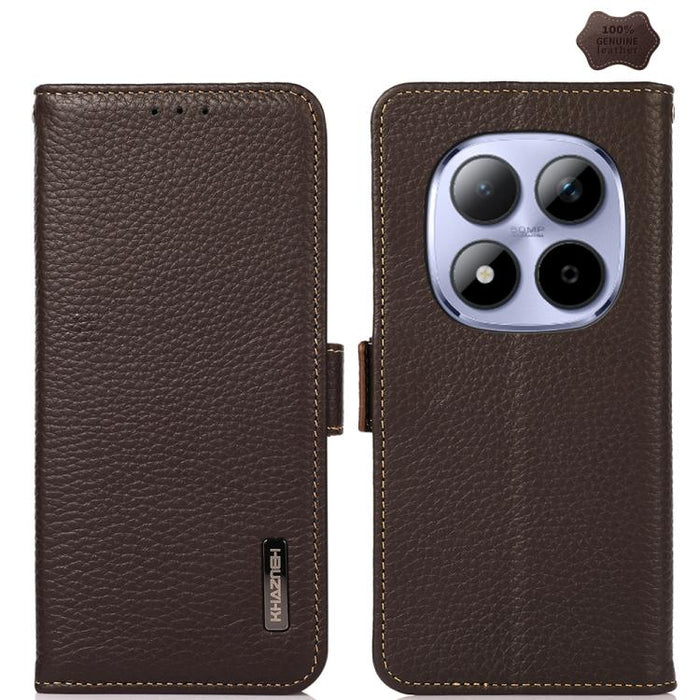 KHAZNEH Funda para teléfono RFID de cuero genuino Litchi magnético lateral, For Redmi A7 Pro 171mm / Poco C85x 5G, For Redmi Turbo 5 Max 5G / Poco X8 Pro Max 5G, For Redmi Turbo 5 5G / Poco X8 Pro 5G, For Redmi Note 15 Pro+ 5G Global 163.3mm           ...