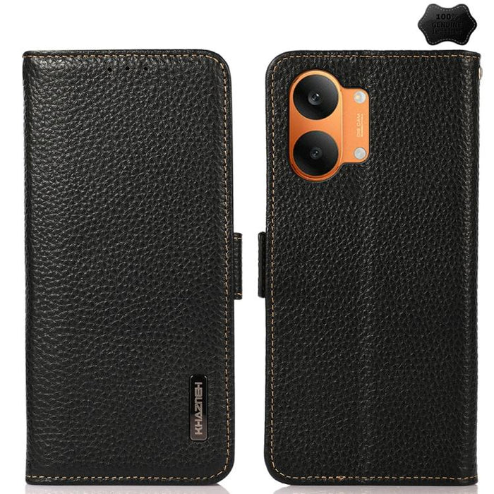 KHAZNEH Funda para teléfono RFID de cuero genuino Litchi magnético lateral, For Redmi A7 Pro 171mm / Poco C85x 5G, For Redmi Turbo 5 Max 5G / Poco X8 Pro Max 5G, For Redmi Turbo 5 5G / Poco X8 Pro 5G, For Redmi Note 15 Pro+ 5G Global 163.3mm           ...