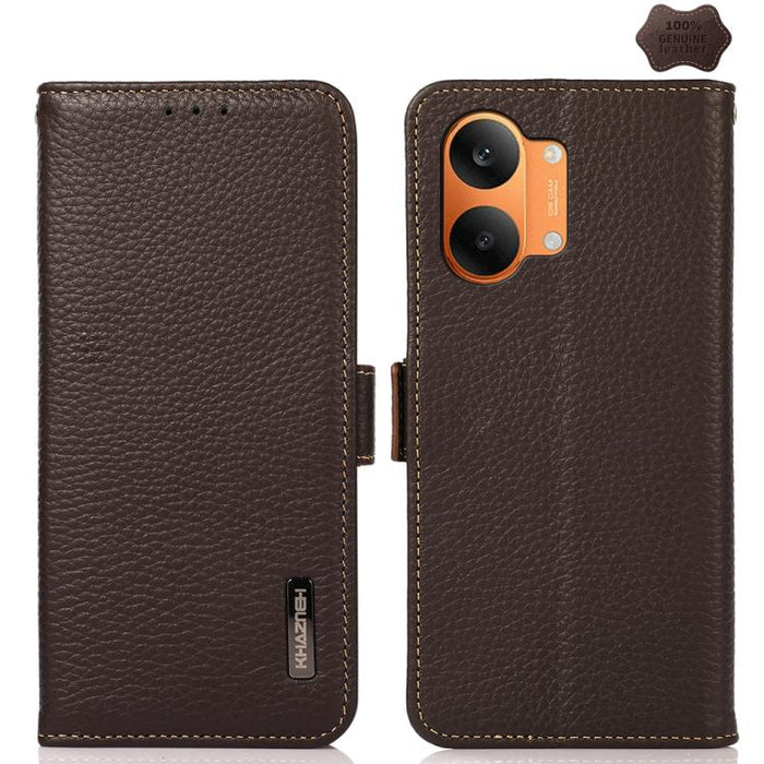 KHAZNEH Funda para teléfono RFID de cuero genuino Litchi magnético lateral, For Redmi A7 Pro 171mm / Poco C85x 5G, For Redmi Turbo 5 Max 5G / Poco X8 Pro Max 5G, For Redmi Turbo 5 5G / Poco X8 Pro 5G, For Redmi Note 15 Pro+ 5G Global 163.3mm           ...