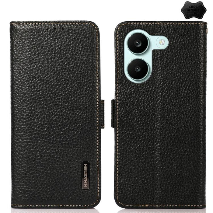 KHAZNEH Funda para teléfono RFID de cuero genuino Litchi magnético lateral, For Redmi A7 Pro 171mm / Poco C85x 5G, For Redmi Turbo 5 Max 5G / Poco X8 Pro Max 5G, For Redmi Turbo 5 5G / Poco X8 Pro 5G, For Redmi Note 15 Pro+ 5G Global 163.3mm           ...
