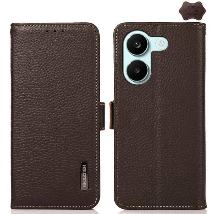 KHAZNEH Funda para teléfono RFID de cuero genuino Litchi magnético lateral, For Redmi A7 Pro 171mm / Poco C85x 5G, For Redmi Turbo 5 Max 5G / Poco X8 Pro Max 5G, For Redmi Turbo 5 5G / Poco X8 Pro 5G, For Redmi Note 15 Pro+ 5G Global 163.3mm           ...