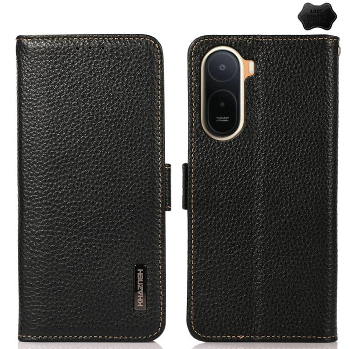 KHAZNEH Funda para teléfono RFID de cuero genuino Litchi magnético lateral, For Redmi A7 Pro 171mm / Poco C85x 5G, For Redmi Turbo 5 Max 5G / Poco X8 Pro Max 5G, For Redmi Turbo 5 5G / Poco X8 Pro 5G, For Redmi Note 15 Pro+ 5G Global 163.3mm           ...