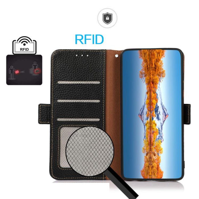 KHAZNEH Funda para teléfono RFID de cuero genuino Litchi magnético lateral, For Redmi A7 Pro 171mm / Poco C85x 5G, For Redmi Turbo 5 Max 5G / Poco X8 Pro Max 5G, For Redmi Turbo 5 5G / Poco X8 Pro 5G, For Redmi Note 15 Pro+ 5G Global 163.3mm           ...