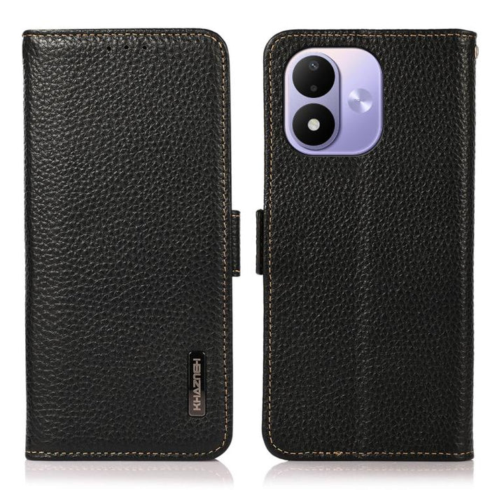 KHAZNEH Funda para teléfono RFID de cuero genuino Litchi magnético lateral, For Redmi A7 Pro 171mm / Poco C85x 5G, For Redmi Turbo 5 Max 5G / Poco X8 Pro Max 5G, For Redmi Turbo 5 5G / Poco X8 Pro 5G, For Redmi Note 15 Pro+ 5G Global 163.3mm           ...