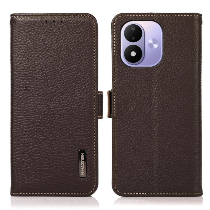 KHAZNEH Funda para teléfono RFID de cuero genuino Litchi magnético lateral, For Redmi A7 Pro 171mm / Poco C85x 5G, For Redmi Turbo 5 Max 5G / Poco X8 Pro Max 5G, For Redmi Turbo 5 5G / Poco X8 Pro 5G, For Redmi Note 15 Pro+ 5G Global 163.3mm           ...