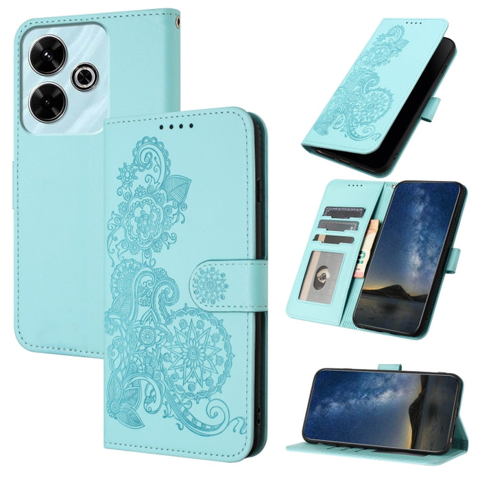 Funda de cuero con tapa para teléfono con relieve de flor de datura, For Redmi Note 14 Pro 4G, For Redmi Note 14 4G 163.25mm, For Redmi Note 14 5G, For Redmi Note 14 Pro+ 5G, For Redmi Note 14 Pro 5G, For Redmi 13 4G, For Redmi Turbo 3 / Poco F6       ...