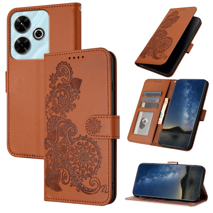 Funda de cuero con tapa para teléfono con relieve de flor de datura, For Redmi Note 14 Pro 4G, For Redmi Note 14 4G 163.25mm, For Redmi Note 14 5G, For Redmi Note 14 Pro+ 5G, For Redmi Note 14 Pro 5G, For Redmi 13 4G, For Redmi Turbo 3 / Poco F6       ...