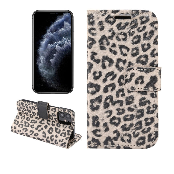 Estuche de cuero con tapa horizontal y estampado de leopardo con ranura para tarjeta y soporte