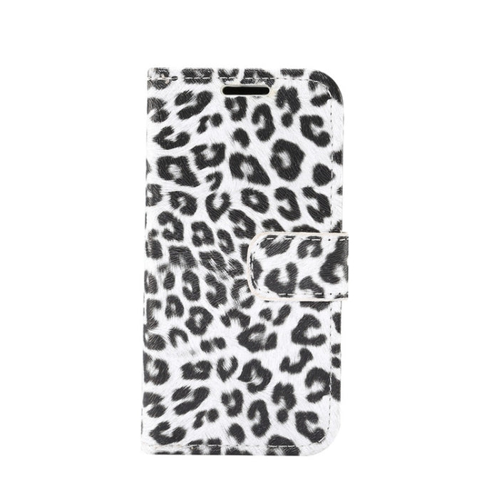 Estuche de cuero con tapa horizontal y estampado de leopardo con ranura para tarjeta y soporte