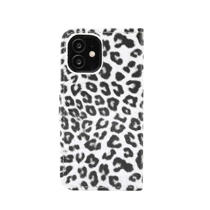Estuche de cuero con tapa horizontal y estampado de leopardo con ranura para tarjeta y soporte