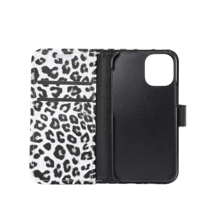 Estuche de cuero con tapa horizontal y estampado de leopardo con ranura para tarjeta y soporte