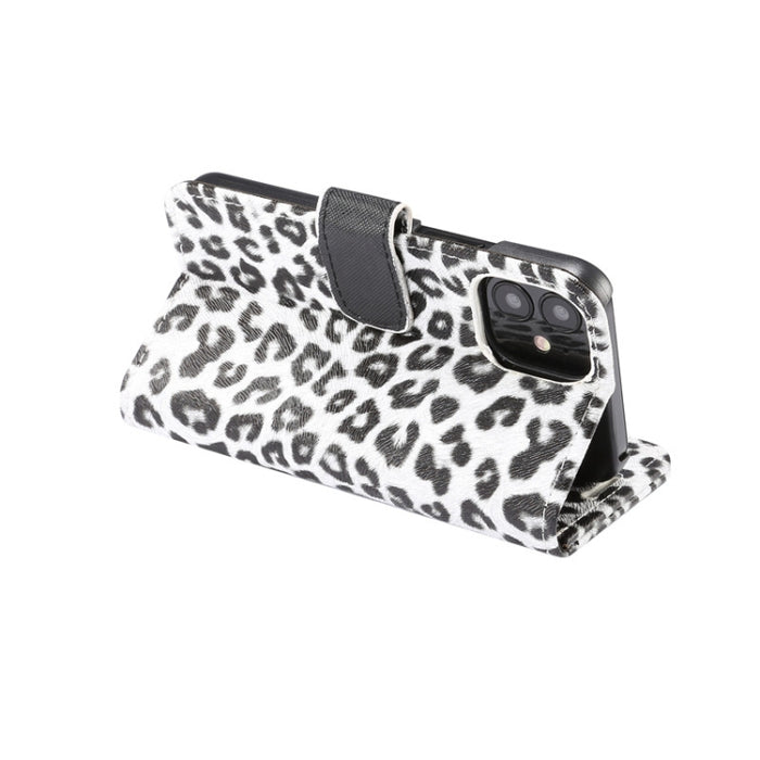 Estuche de cuero con tapa horizontal y estampado de leopardo con ranura para tarjeta y soporte