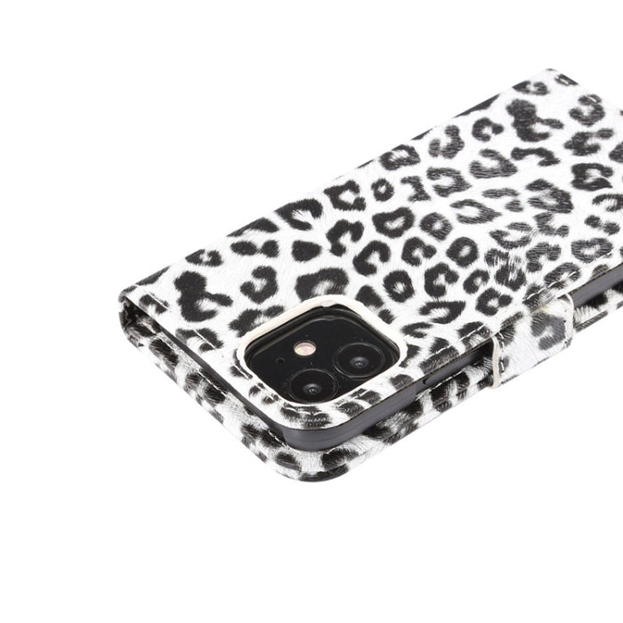 Estuche de cuero con tapa horizontal y estampado de leopardo con ranura para tarjeta y soporte