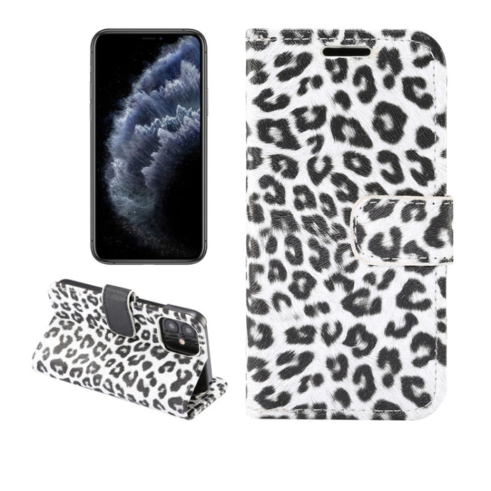 Estuche de cuero con tapa horizontal y estampado de leopardo con ranura para tarjeta y soporte
