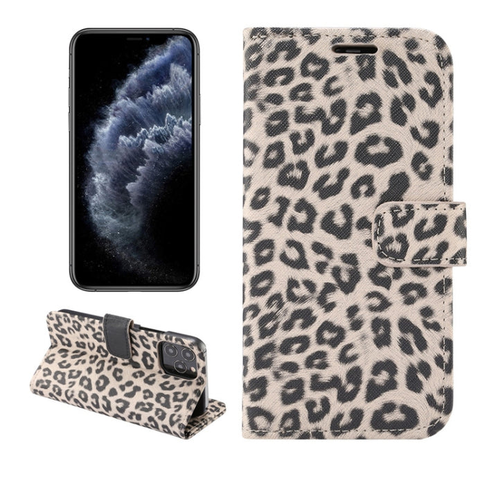 Estuche de cuero con tapa horizontal y estampado de leopardo con ranura para tarjeta y soporte