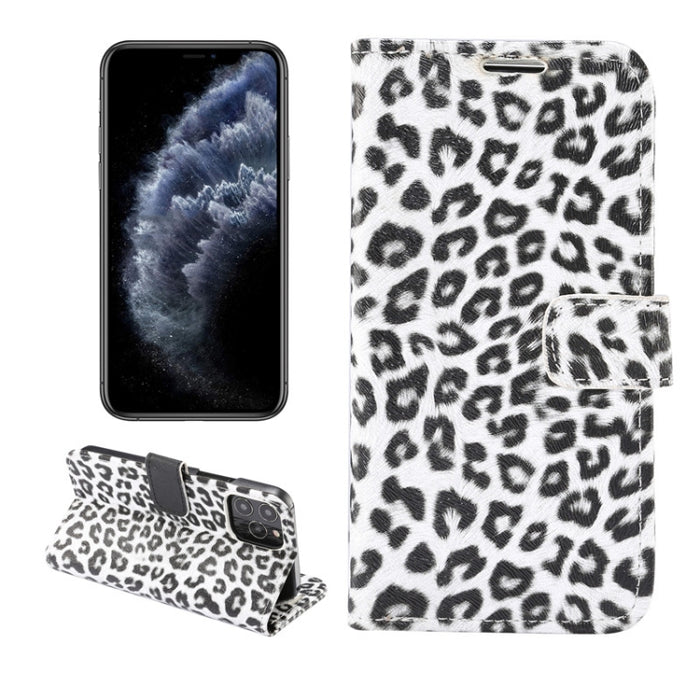 Estuche de cuero con tapa horizontal y estampado de leopardo con ranura para tarjeta y soporte
