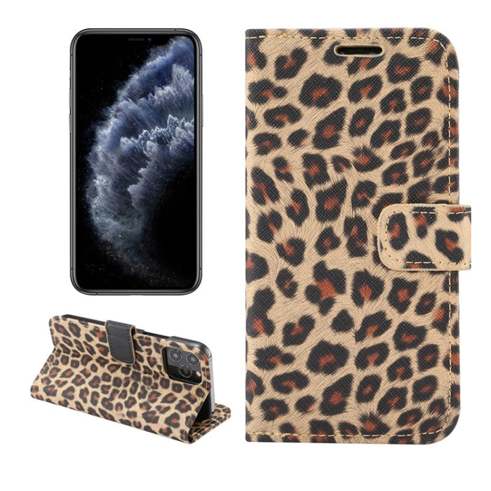 Estuche de cuero con tapa horizontal y estampado de leopardo con ranura para tarjeta y soporte