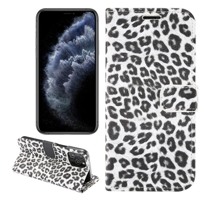 Estuche de cuero con tapa horizontal y estampado de leopardo con ranura para tarjeta y soporte